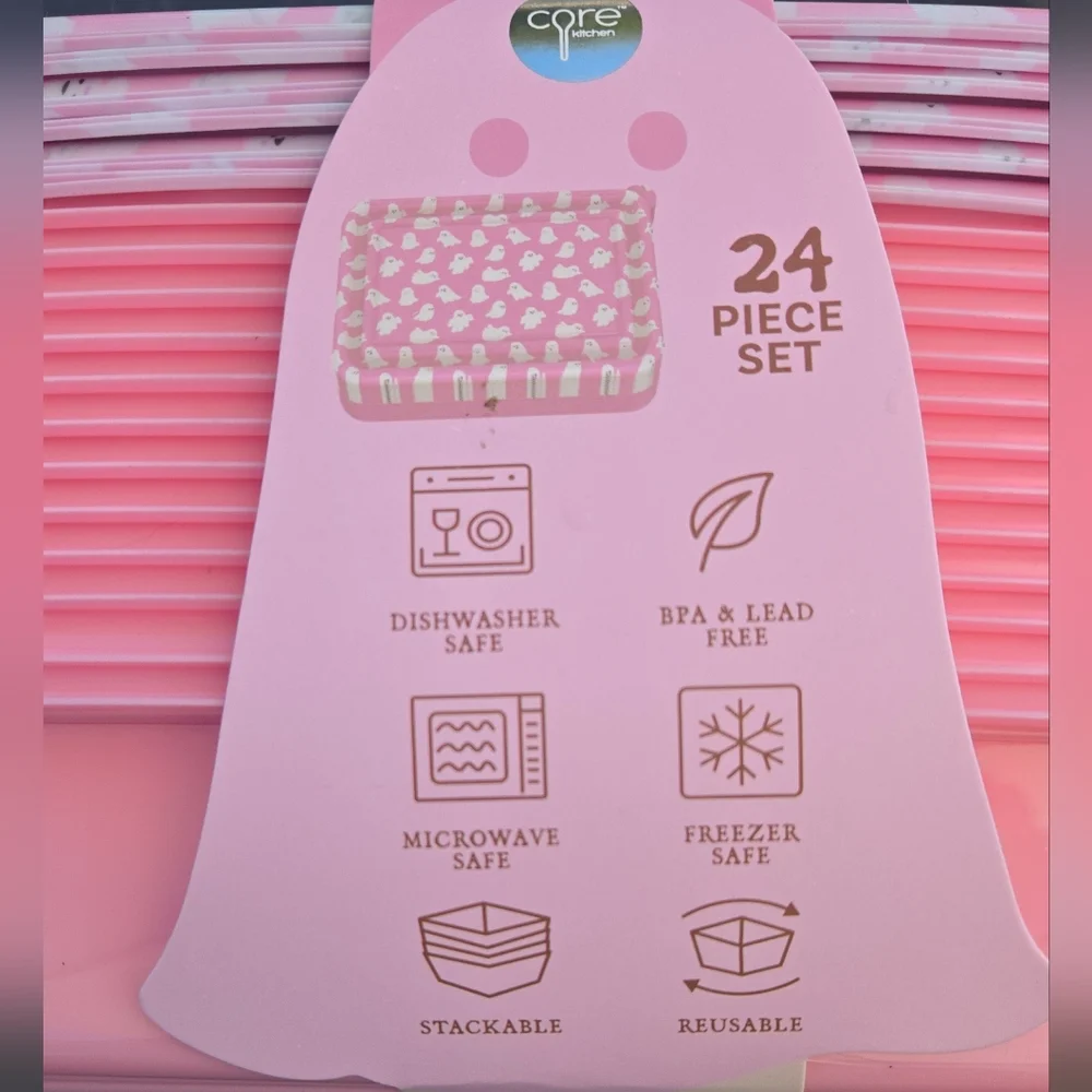Pink Ghost Halloween 24 Piece Set Food Storage Containers Meal